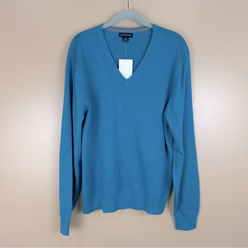 Lands' End Men’s Teal Blue V-Neck Supima Cotton Sweater Medium Preppy Minimalist